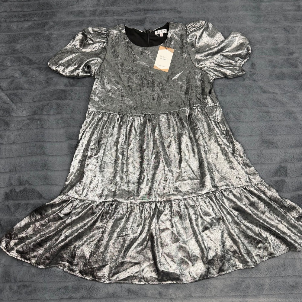 TCEC Silver Metallic Puff Sleeve Tiered Babydoll Mini Dress CD02252 Small